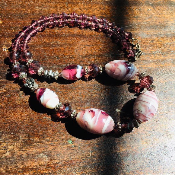 🔥 Vintage Purple Swirl Art Glass Necklace - Purple & Crystal Beads💕 - Picture 5 of 6